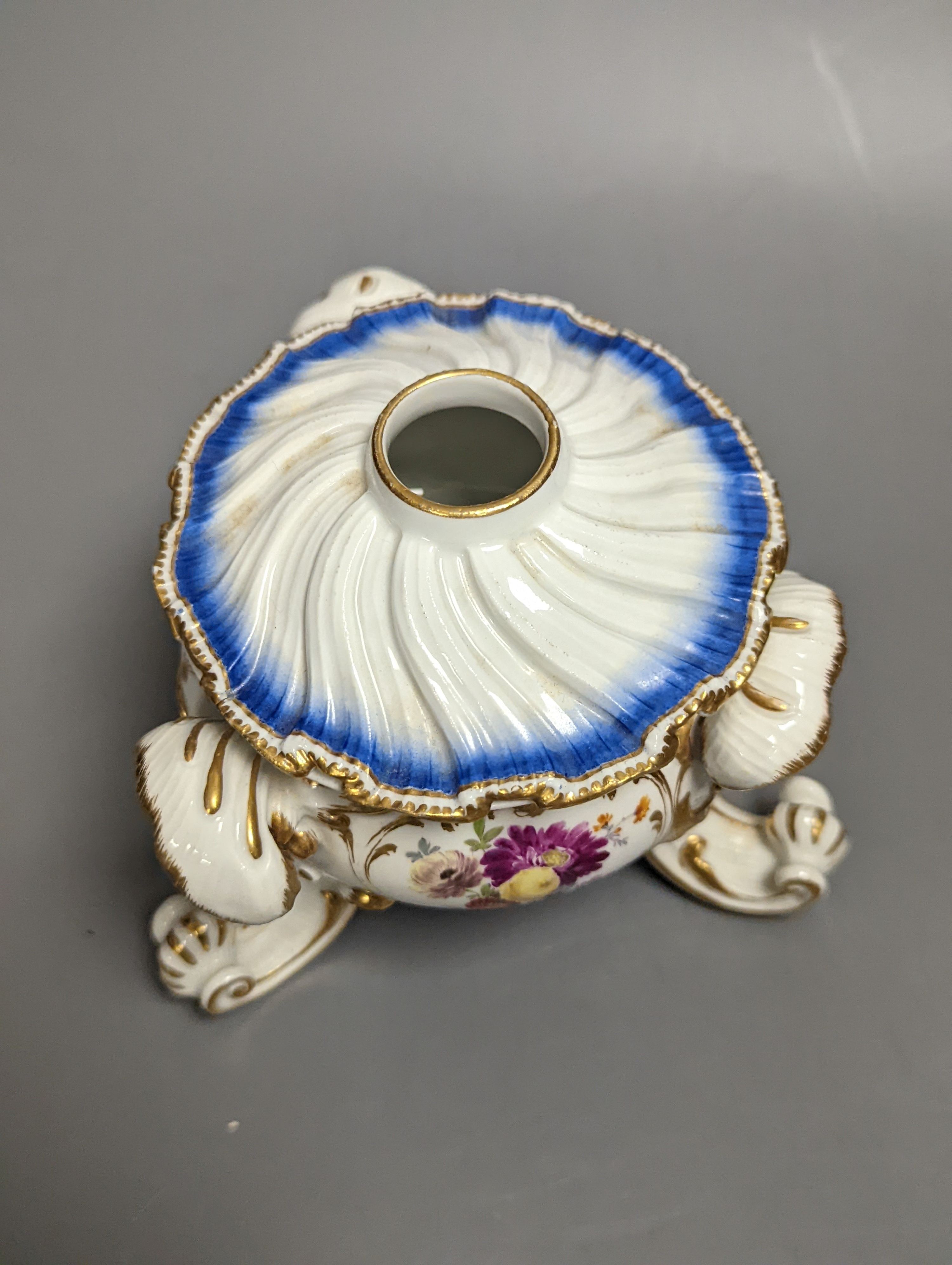 A Meissen pot pourri urn and cover, Marcolini period, on four feet painted with flowers in gilded cartouche under a feather edge border, crossed swords in blue, height 12cm